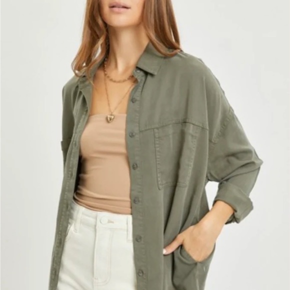 Risen Los Angeles Olive Green Oversized Tencel Shirt Womens 2XL Button Up Blouse - Picture 6 of 10